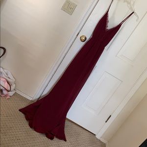 Long, flowy, Maroon dress, Lace detail, cross back